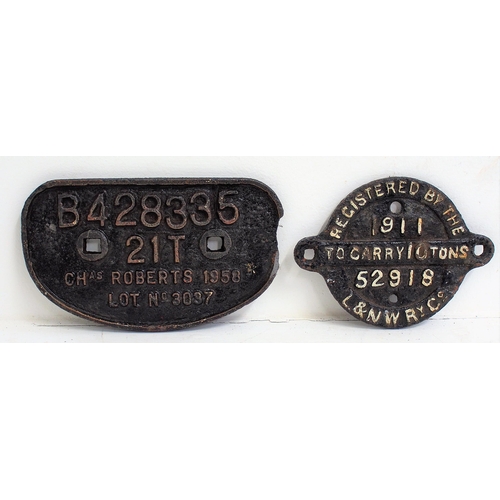 449 - London North Western Railway C/I wagon registration plate 52918 of 1911, BR C/I D wagonplate B428335... 