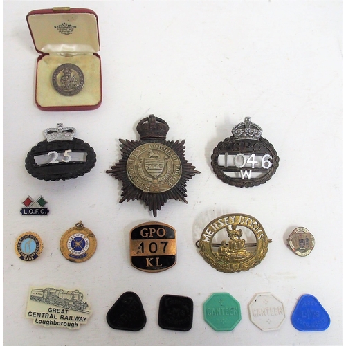 451 - Collection of medals, badges & cap badges including Eastbourne Borough Police helmet badge, Mersey D... 