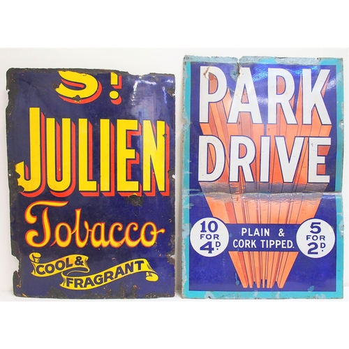 498 - St Julien Tobacco enamel advertising sign some steel loss, enamel generally very good, 24