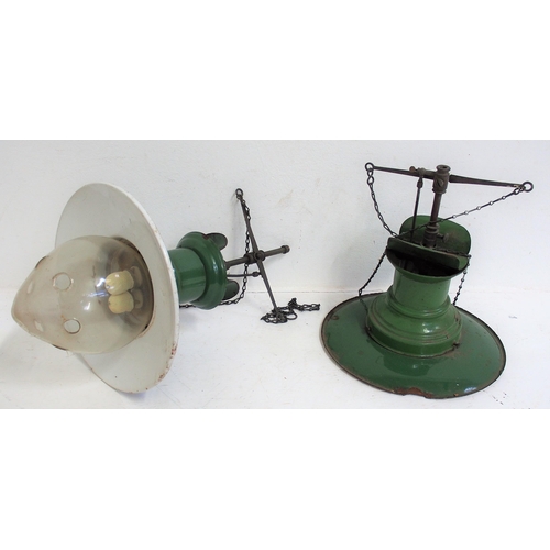 568 - Sugg platform awning gas lamps, smaller pattern one complete with glass globe, one missing glass glo... 