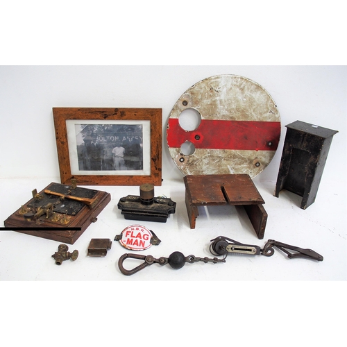 569 - Miscellaneous items - North Eastern Railway block bell (spares), GNR signal box foot button (complet... 