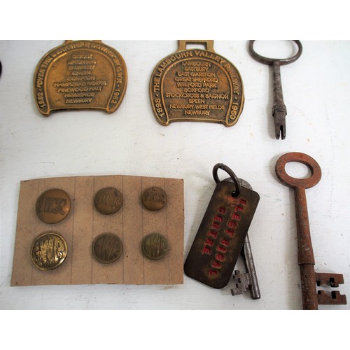 523 - Box of misc small hardware items, inc. buttons, GWR horsebrass, keys, C/I W Welch Maker Blewbury pla... 