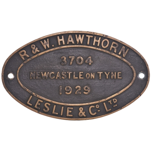102 - A worksplate, HAWTHORN LESLIE & Co, 3704, 1929 from a LNER N2 Class 0-6-2T No  2675 which was renumb... 
