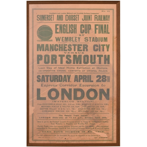 149 - A Somerset and Dorset Joint Railway double royal poster, ENGLISH CUP FINAL AT WEMBLEY, MANCHESTER CI... 