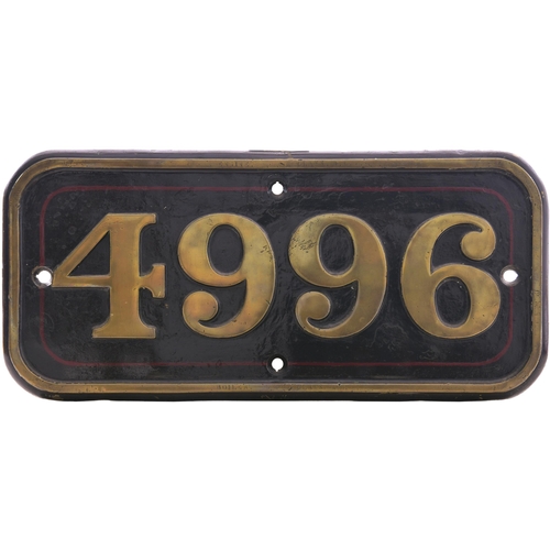 177 - A GWR cabside numberplate, 4996, from a 4900 Hall Class 4-6-0 named EDEN HALL. Cast brass, the front... 