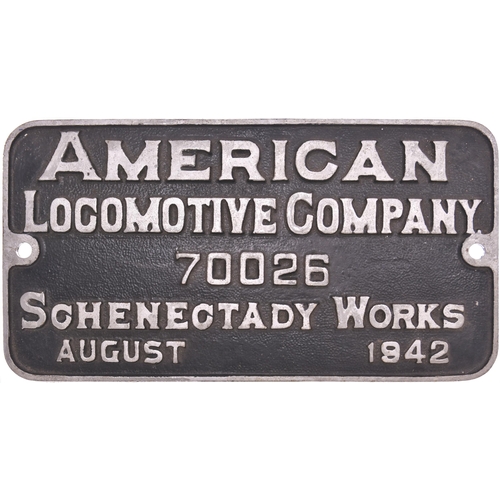 112 - A worksplate, AMERICAN LOCOMOTIVE COMPANY, SCHENECTADY WORKS, 70026, 1942, from a Wheeling and Lake ... 