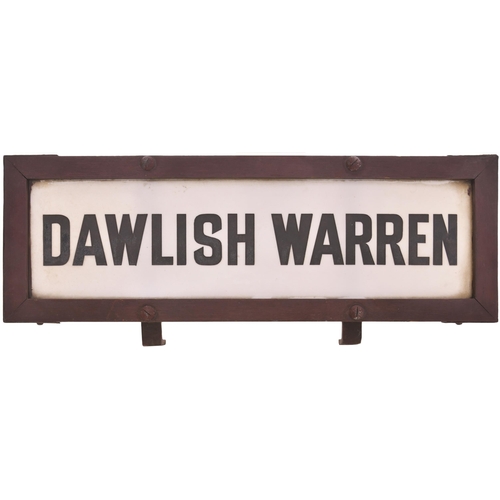 259 - A GWR lamp tablet, DAWLISH WARREN, from the Exeter to Plymouth main line. Engraved milk glass in woo... 