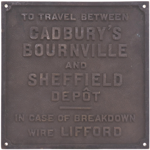 277 - A double-sided cast brass plate ex Cadbury's Bournville, one side states Cardiff Depot LM&SR, other ... 