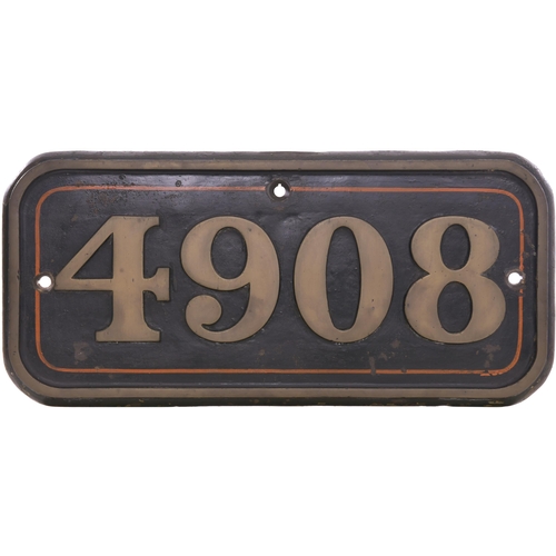 284 - A GWR cabside numberplate, 4908, from a 4900 Hall Class 4-6-0 named BROOME HALL. Cast brass, ex loco... 