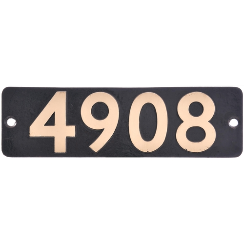 285 - A smokebox numberplate, 4908, from a GWR 4900 Hall Class 4-6-0 BROOME HALL. The front repainted. (Se... 