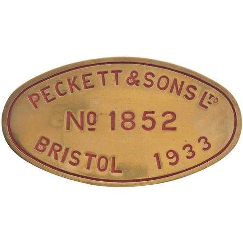 286 - A worksplate, PECKETT & SONS LTD, No 1852 of 1933. From a standard gauge 0-4-0ST new to Albright & W... 