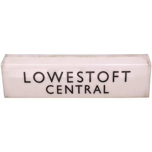 An LNER station name, LOWESTOFT CENTRAL, a translucent plastic panel from a light diffuser. 25½"x7¼", the lettering engraved. (Dispatch by Mailboxes/Collect from Banbury Depot)
