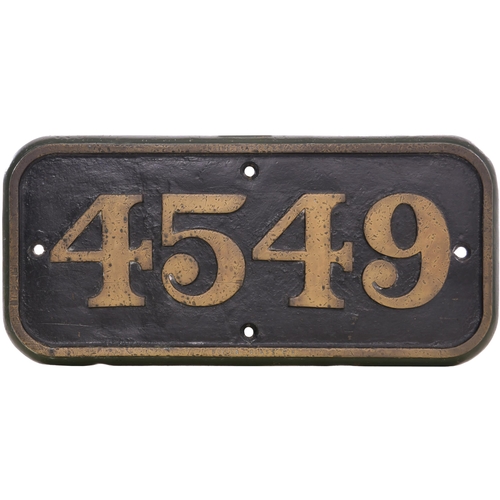 288 - A GWR cabside numberplate, 4549, from a 4500 Class 2-6-2T built at Swindon in January 1915. Its earl... 