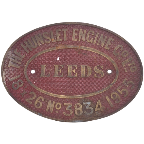 292 - A worksplate, HUNSLET ENGINE Co, 3834, 1955, from a standard gauge 0-6-0ST with inside cylinders, de... 