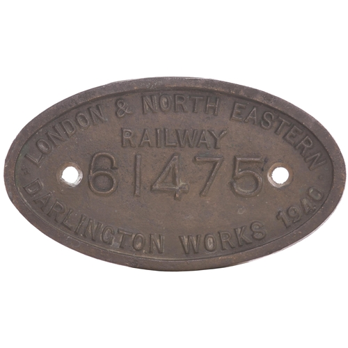 312 - A worksplate, LONDON & NORTH EASTERN RAILWAY, 61475, DARLINGTON WORKS, 1940, from a (NORTH EASTERN R... 