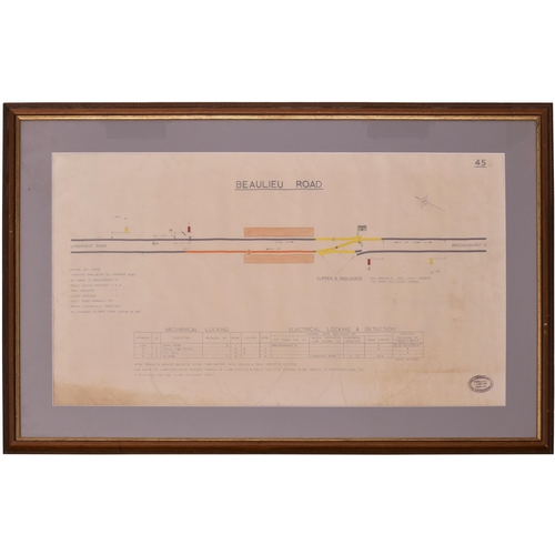 316 - A BR(S) signal box diagram, BEAULIEU ROAD, 1965, showing the route to Brockenhurst and Lyndhurst Roa... 