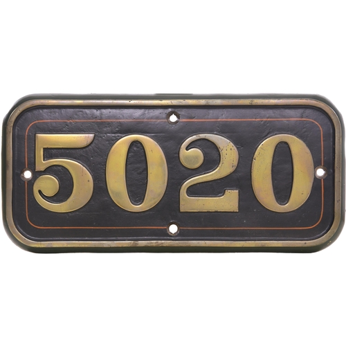 349 - A GWR cabside numberplate, 5020, from a 4073 Castle Class 4-6-0 named TREMATON CASTLE. Cast brass, t... 