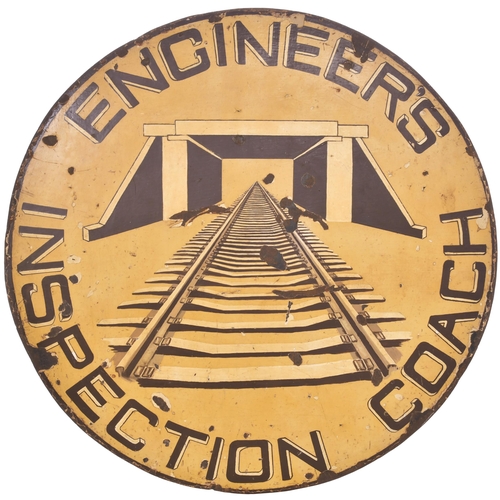 360 - A BR(W) tailboard, ENGINEERS INSPECTION SALOON, depicting track and overbridge. Painted steel, with ... 