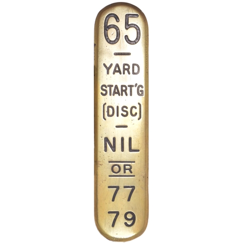 376 - A GWR signal lever plate, 65, YARD START'G, (DISC) - NIL / OR / 77, 79, engraved brass, 6¾