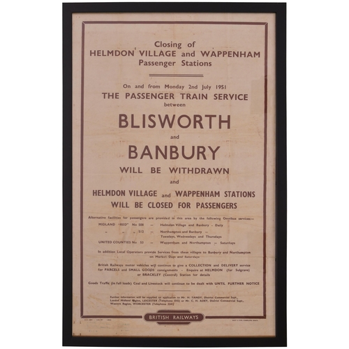 378 - A BR(B) double royal poster, WITHDRAWAL OF PASSENGER SERVICES BANBURY AND BLISWORTH and Closure of H... 