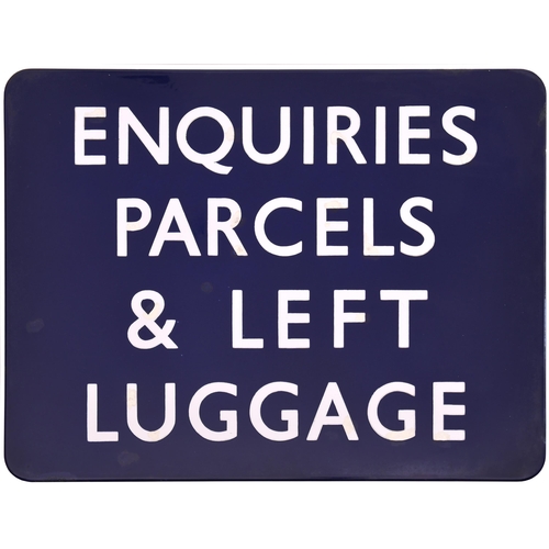 385 - A BR(E) station sign, ENQUIRIES, PARCELS & LEFT LUGGAGE, (f/f), enamel, 24