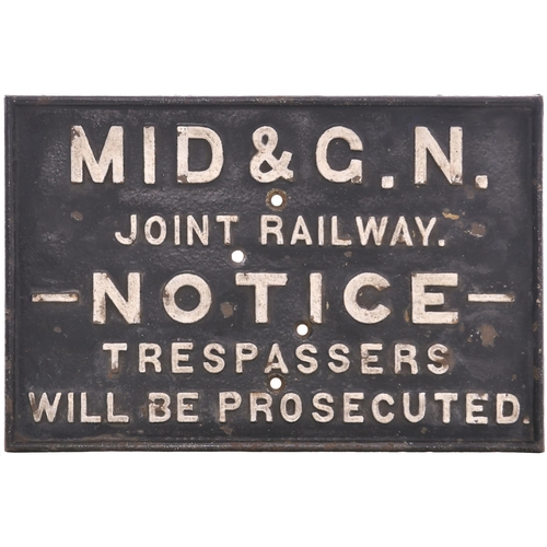 404 - A Midland and Great Northern Joint Railway trespass notice, cast iron, 19