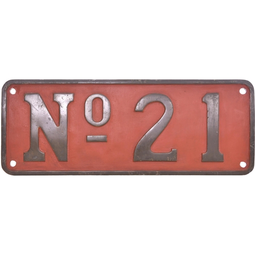 406 - A numberplate No 21. From Yorkshire Engine 2343 of 1934, a standard gauge 0-4-0ST, new to Steel Peec... 