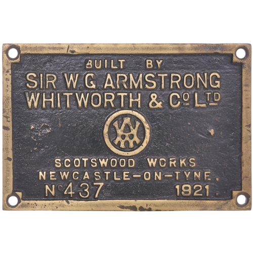 450 - A worksplate, ARMSTRONG WHITWORTH, 437, 1921, from a Midland Railway 3835 Class 0-6-0 No 3958 which ... 