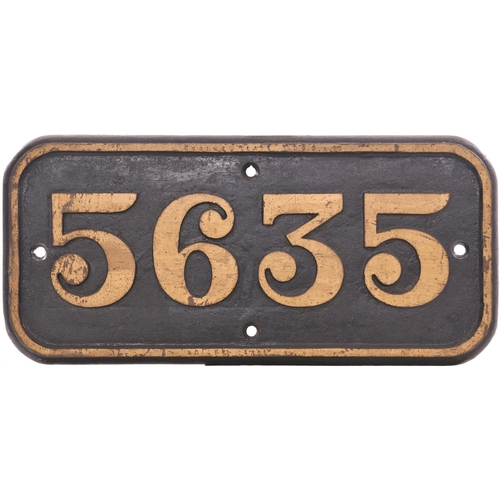 A GWR cabside numberplate, 5635, from a 5600 Class 0-6-2T built at Swindon in September 1925. A long time Merthyr engine, it finished its days at Radyr from where it was withdrawn in July 1964 and sold for scrap to Birds at Bynea. Cast iron, ex loco condition. (Dispatch by Mailboxes/Collect from Banbury Depot)
