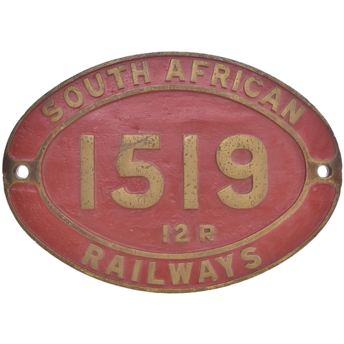 479 - A South African Railways cabside numberplate 1519 from a 3ft 6ins gauge Class 12R 4-8-2 built by the... 