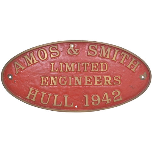 492 - A shipbuilders plate, AMOS & SMITH LIMITED, ENGINEERS, HULL, 1942, from a tug sunk in the Bristol Ch... 