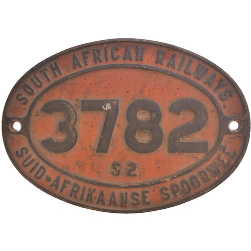 94 - A South African Railways cabside numberplate 3782 from a 3ft 6ins gauge Class S2 0-8-0 built by Krup... 