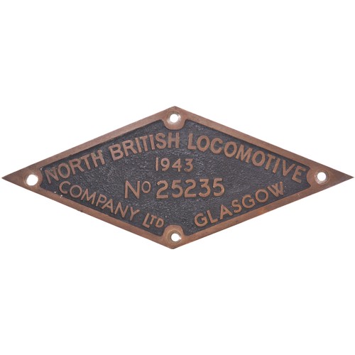 253 - A worksplate, NORTH BRITISH LOCOMOTIVE Co, 25235, 1943, from a War Department Austerity 2-8-0 built ... 