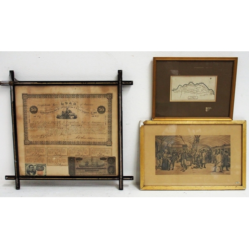 130 - Selection of framed & glazed items including old maps & prints & 1861 Confederate States of America ... 