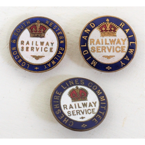 186 - WWI enamel Railway service lapel badges - Cheshire Lines Committee, Midland Railway, London South We... 