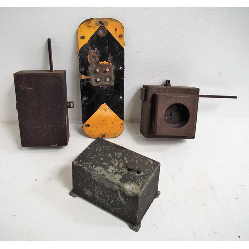 195 - Signalling items - wooden cased emergency release button, steel cased relay & same wooden cased, min... 