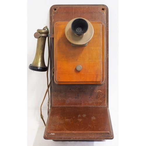 239 - Early wall wooden telephone, separate mouth & earpiece, writing slope, good condition. (Dispatch by ... 