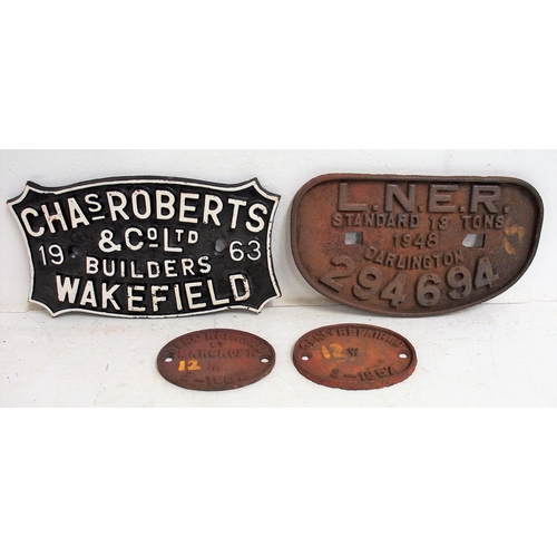 308 - London North Eastern Railway C/I D wagon plate LNER 13T Darlington 294694, Chas Roberts Wakefield 19... 