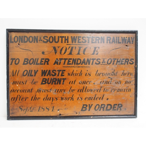 366 - London South Western Railway sign written wooden notice referencing Boiler Attendants & Others dated... 