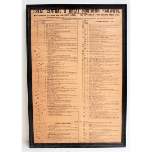 69 - Framed Great Central & Great Northern timetable poster for Nottingham Victoria November 1921, 21