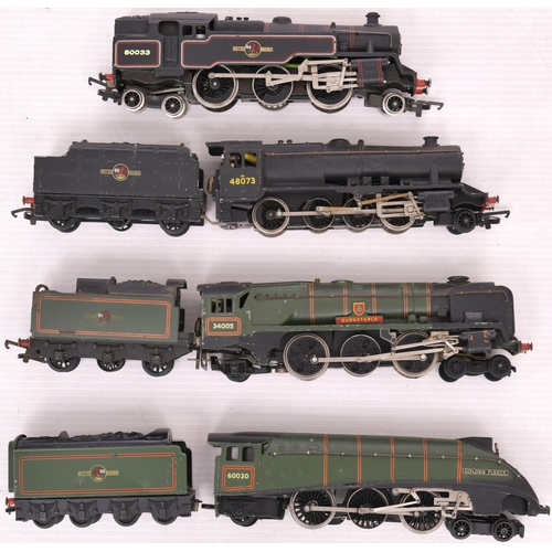 127 - Locos, Hornby A4, Wrenn West Country BARNSTAPLE, 264 Tank, 8F. (4)