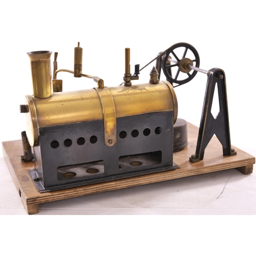 197 - Bowman horizontal steam boiler, twin cylinders driving flywheel pulley, with burner. Also Mersey Mod... 