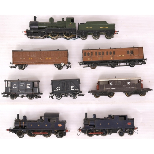 289 - '00' gauge. Kit built Dean-Barnum 4-4-0 loco and tender, GW green, No 3221, 2 rail electric. 2 GER t... 