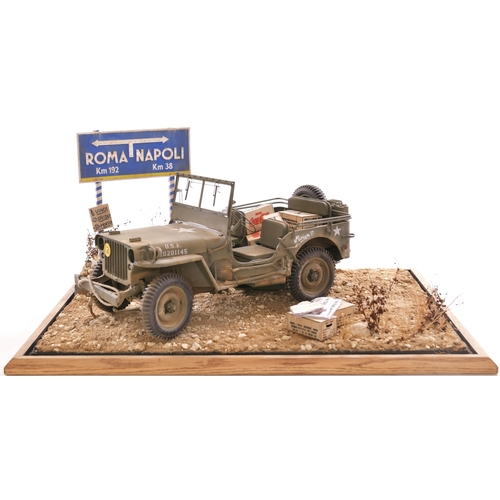 404 - Diorama featuring a US Army Jeep in Italy beside a road sign pointing to Roma and Napoli. Includes A... 