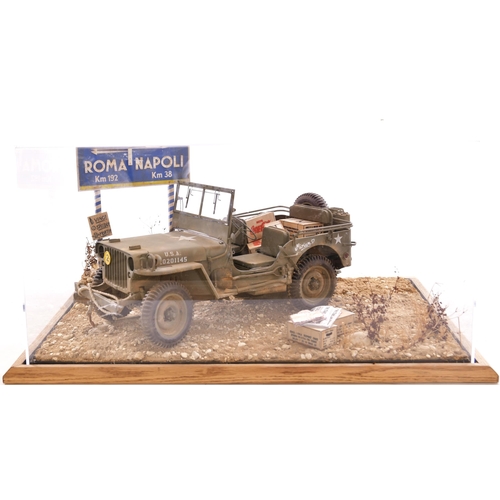 404 - Diorama featuring a US Army Jeep in Italy beside a road sign pointing to Roma and Napoli. Includes A... 