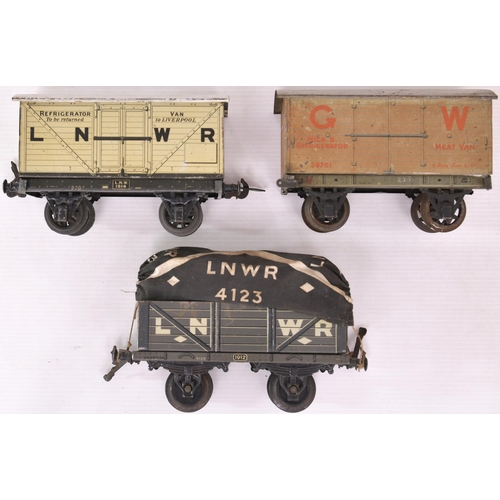 73 - Bassett-Lowke gauge 1 wagons, LNWR refrigerator, LNWR open 6-plank with four sack load and LNWR tarp... 