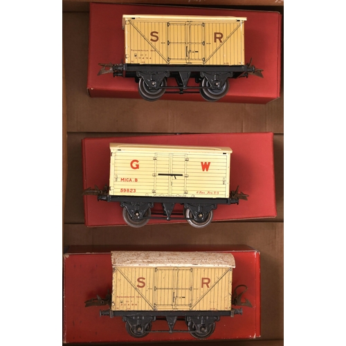 76 - Hornby '0' gauge. 2 off SR refrigerator vans, 1 off GW Mica B wagon. Plus, 3 off replica GWR refrige... 