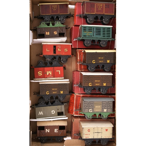 83 - Hornby '0' gauge wagons, 6 boxed including LMS Fish in reproduction box. All good to very good.