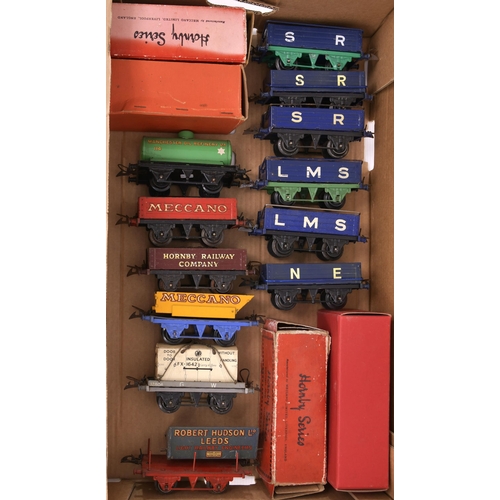 84 - Hornby '0' gauge wagons, red cement wagon (boxed), No 50 Saxa Salt Wagon (boxed), No 1 GW 4-plank op... 