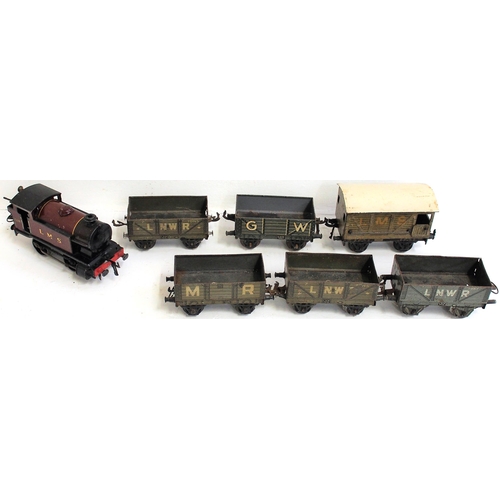 869 - '0' gauge Hornby and Bing. Hornby clockwork 101 0-4-0T loco LMS No 2270. Five Bing open wagons and B... 